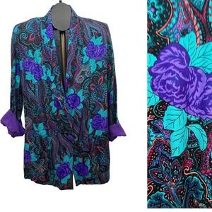 1990s Purple Rose Floral Blazer Shirt Jacket USA Made / Women’s Medium *